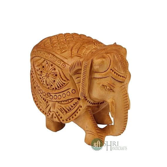 Shri Handicrafts 3" Wood Elephant Pair Down Trunk Statue Carving Figurine Showpiece for Home Decor