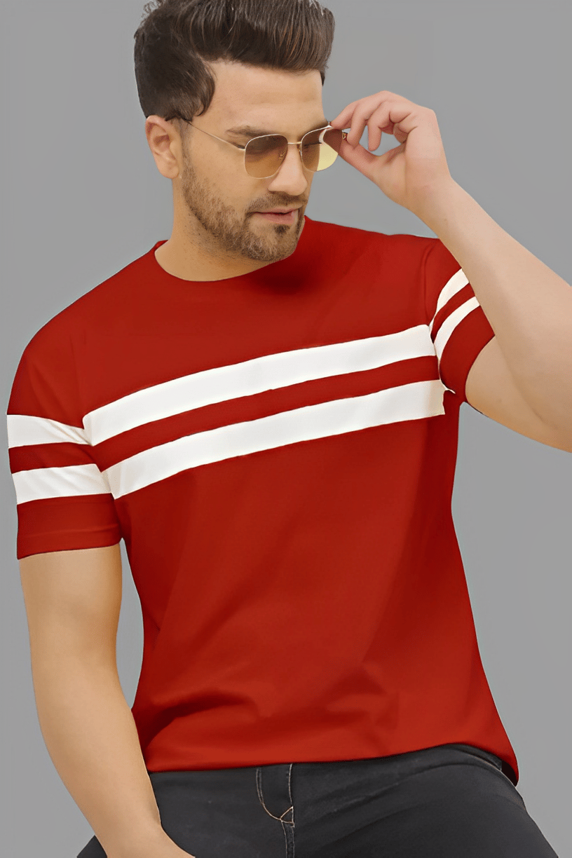10000 Maroon Half Sleeve Striped Round Neck t-shirt for Men
