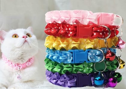 IVA Collection Unique Frill Design Collar Strap for Cute Cat Kitty Puppies Kitten Small Dogs with Breakaway Bell Soft Adjustable Solid Protection Neckband with Safety Buckle Trendy Modern Fashionable