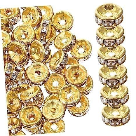 IVA Collection (8mm 200 pcs) Golden Wheel Spacer Beads with Embedded Stone Inside,Ring Shape Round Chakri for braclets,Jewellry,Friendship Band,Rakhi Making,Wedding Welcome Guest Mala