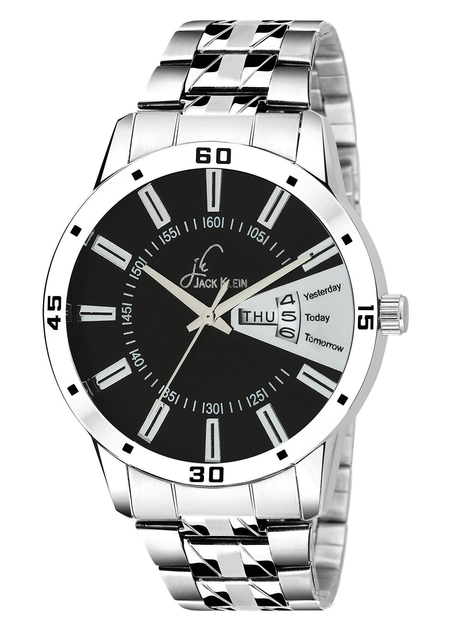 Elegant Black Dial Silver Chain Day and Date Working Analog Wrist Watch