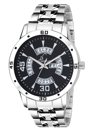 Trendy Black Dial Silver Chain Day and Date Working Analog Watch