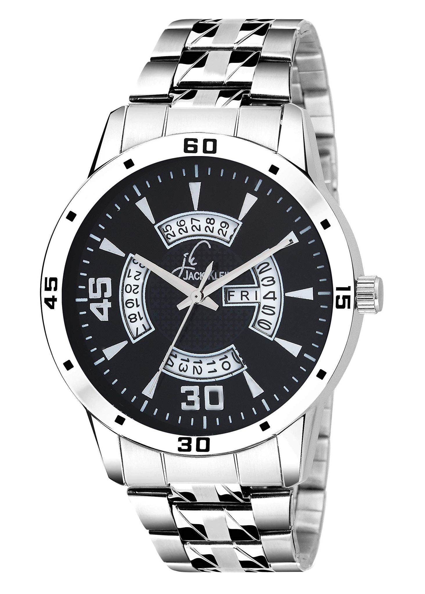 Trendy Black Dial Silver Chain Day and Date Working Analog Watch