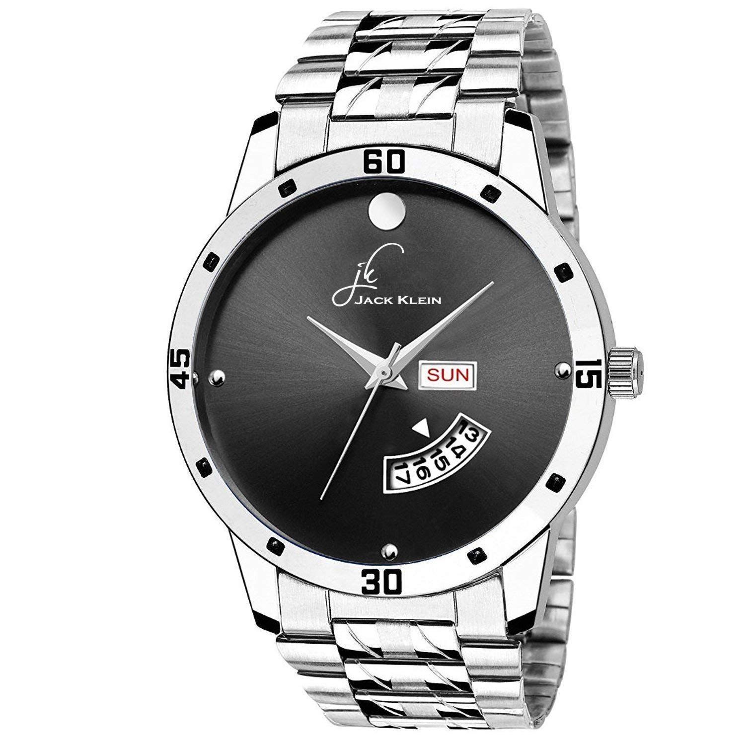 Silver Black Dial Day and Date Analog Watch for Men & Boys