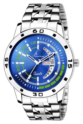 Elegant Blue Dial Day and Date Silver Chain Analog Watch - for Men