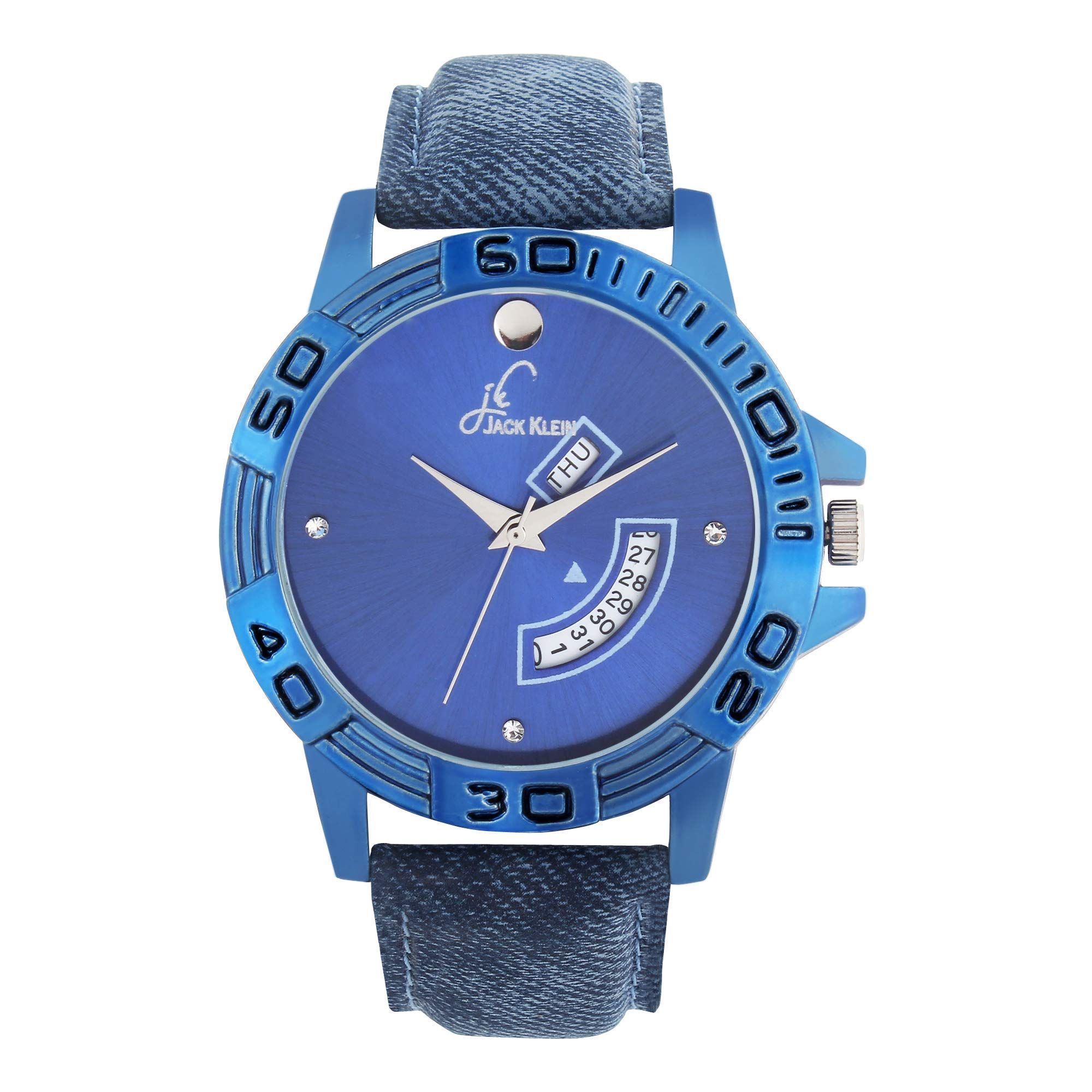 Trendy Blue Dial Strap Day and Date Working Analogue Wrist Watch