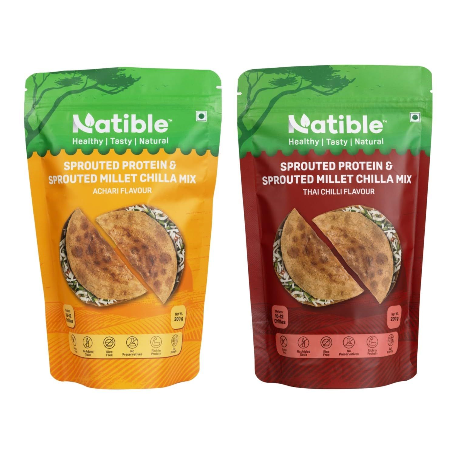 Natible Sprouted Protein & Sprouted Millet Chilla Dosa Mix, Natural Healthy Protein & Fiber-Rich Breakfast No Maida. Pack of 2. 200Gram Each