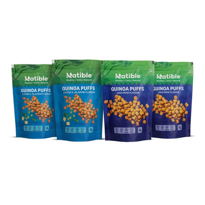 Natible Roasted Quinoa Puffs, Combo (Pack Of 2 Each, 70 Gms Each) Dahi Papdi And Cheese Jalapeno Flavour.