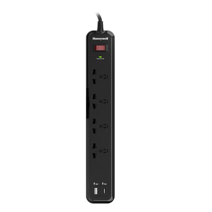 Honeywell Surge Protector With 4 Universal Sockets + USB-A, Type C And 2 Meter Cord - Black