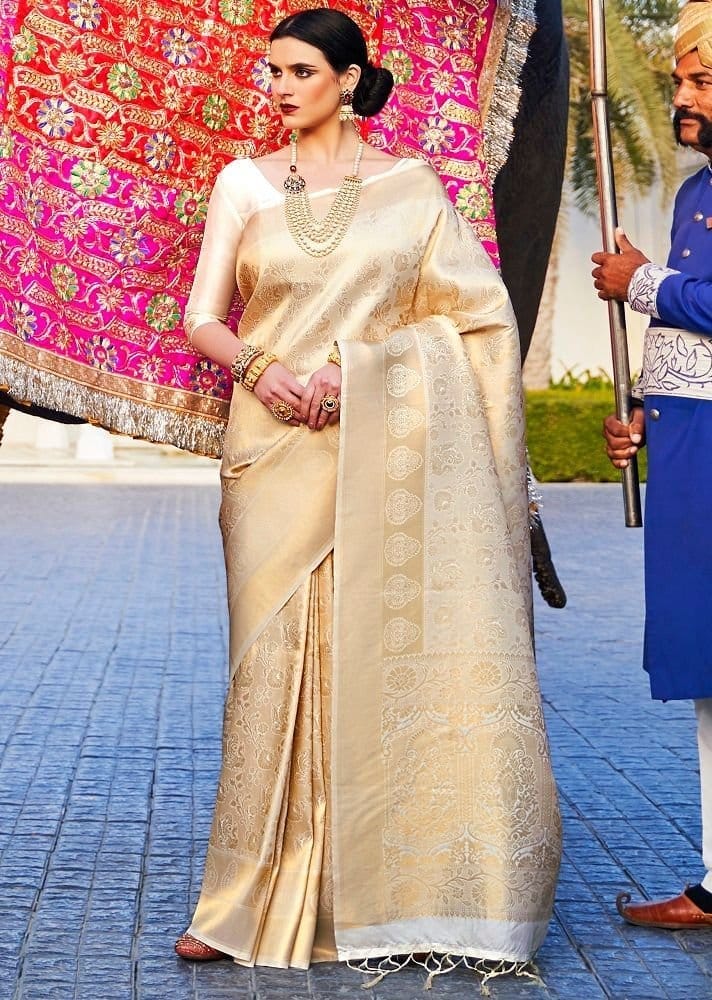 Woven Art Silk Saree in Cream