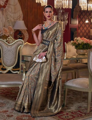 Multicolor Kashmiri Print Woven Silk Saree And Woven Blouse Piece