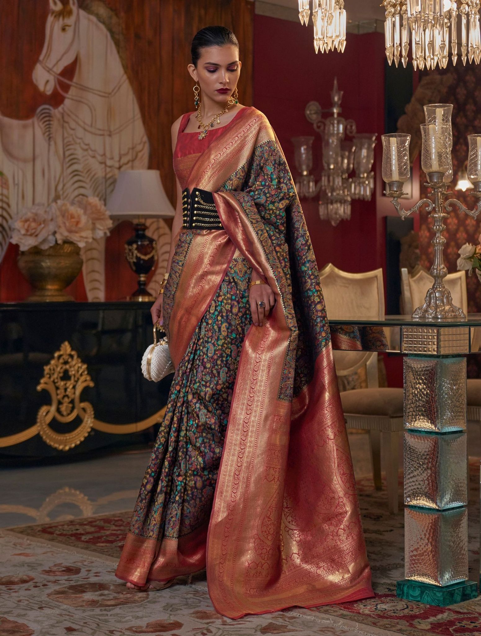 Multicolor Kashmiri Print Woven Silk Saree And Woven Blouse Piece