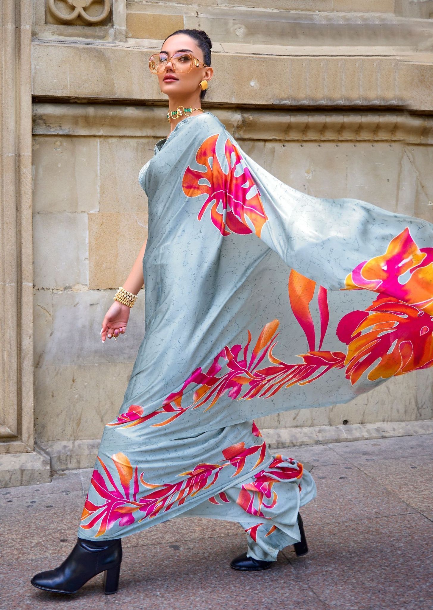 Blue Color Crepe Printed Saree And Blouse Piece