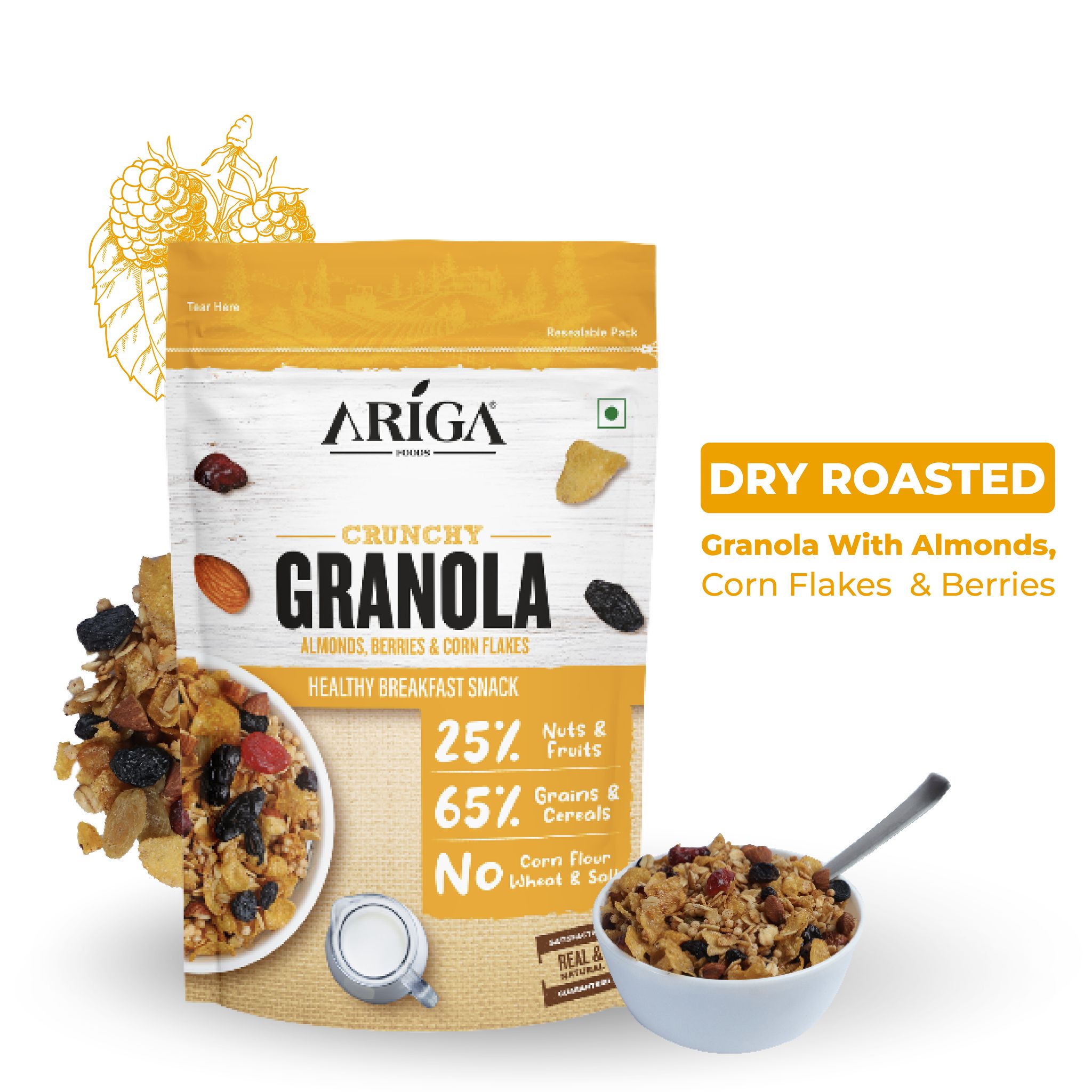 Ariga Foods Crunchy Granola Almonds, Berries & Corn Flakes 200g | Breakfast Cereals