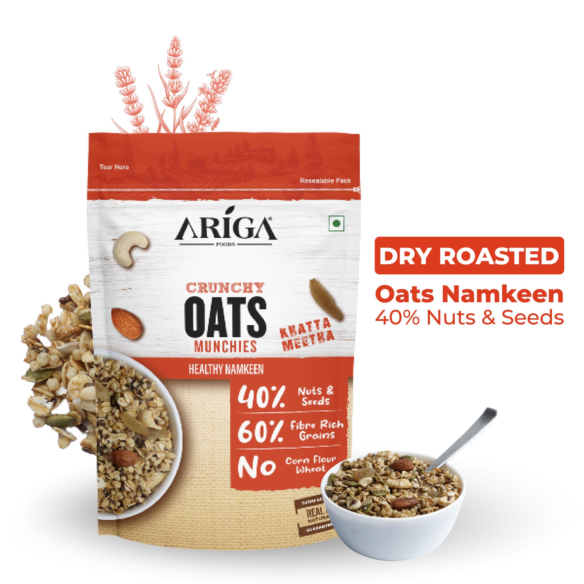 Ariga Foods Oats Munchies Multigrain 40% Nuts & Seeds | Khatta Meetha Flavour | Diet Food (200 g)