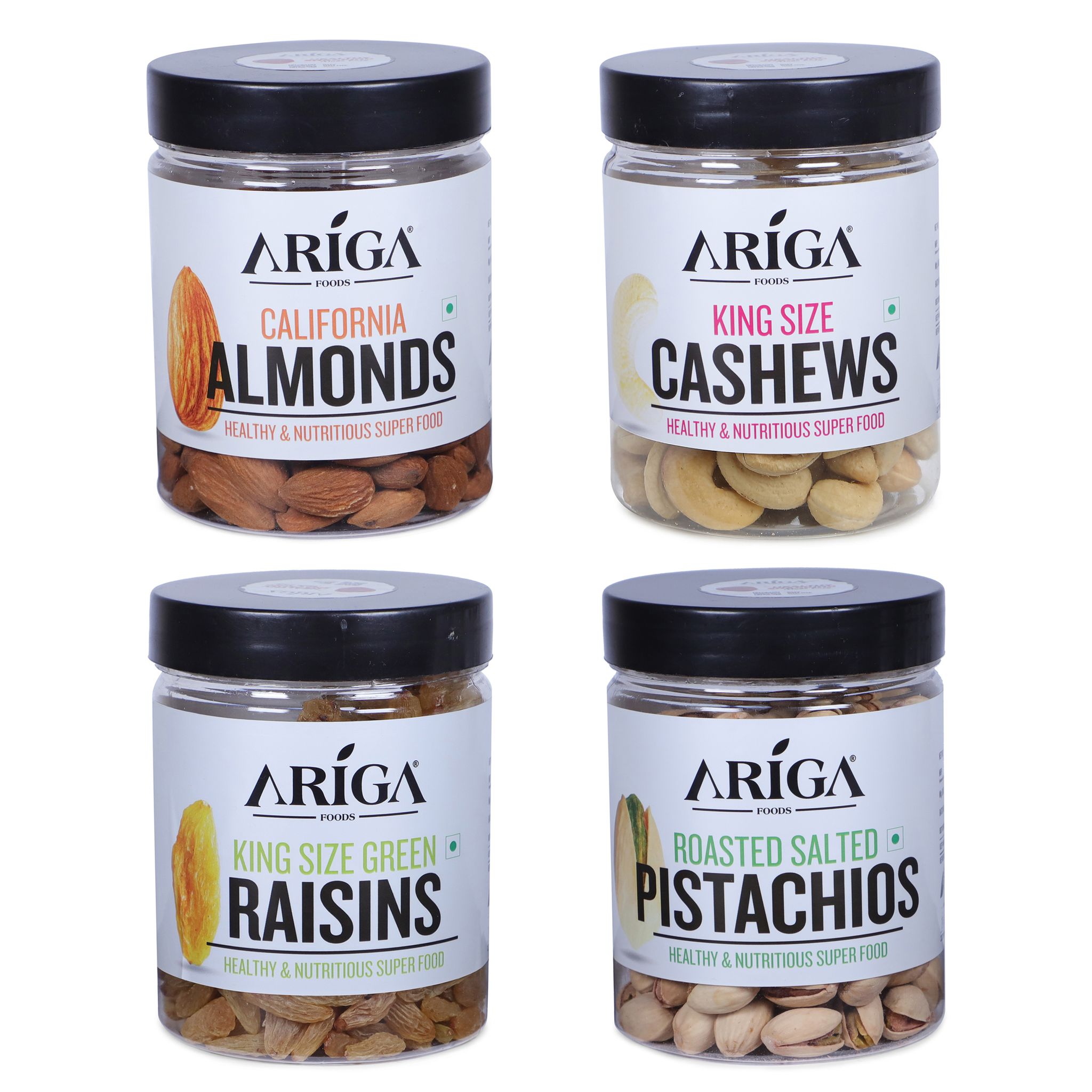 Ariga Foods Almonds, Cashews, Roasted Pistachios 200g each, Raisins 250g (850 g)