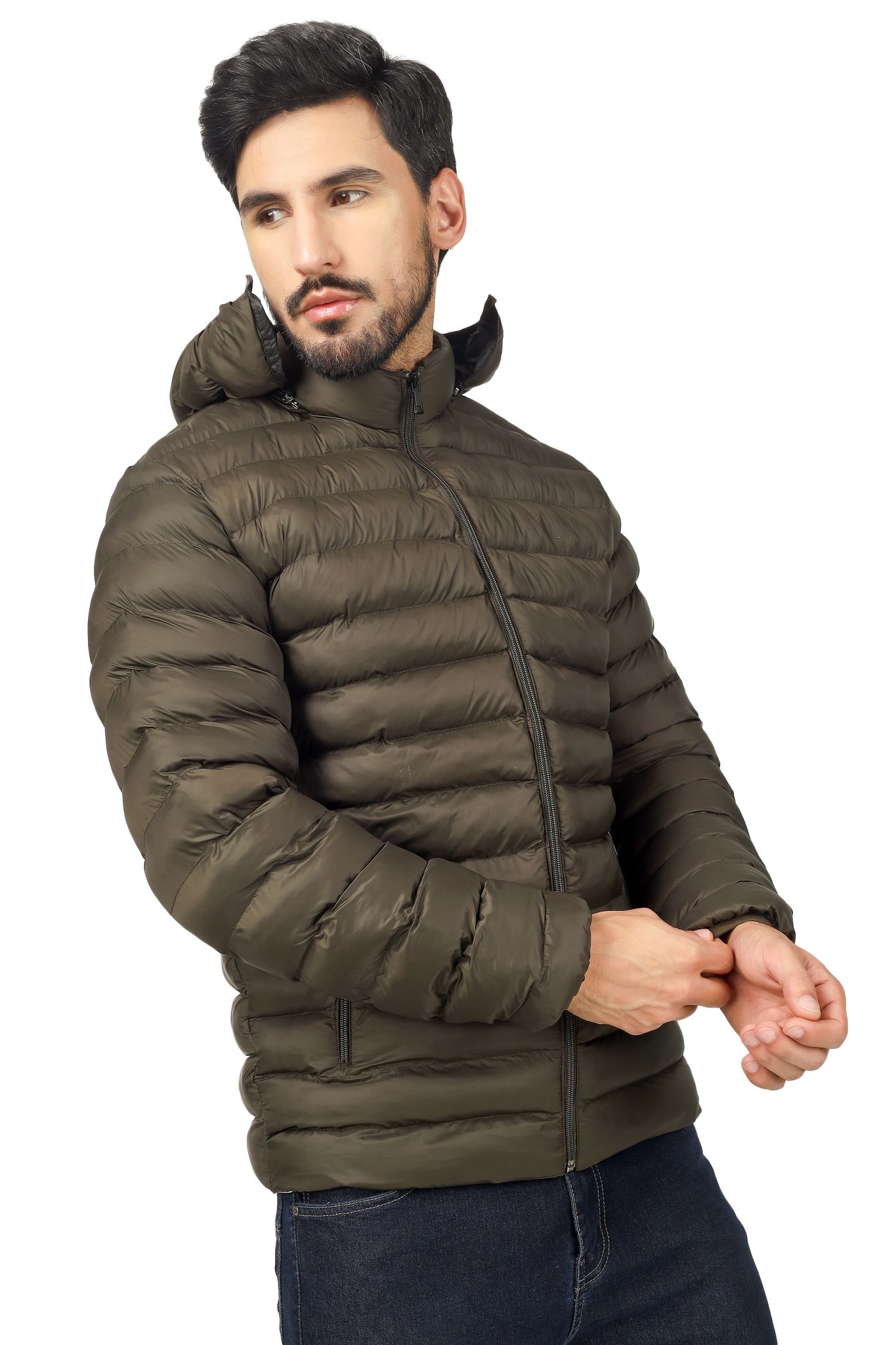 BlueFicus Mens Nylon Quilted Short Length Puffer Jacket (Olive Green)