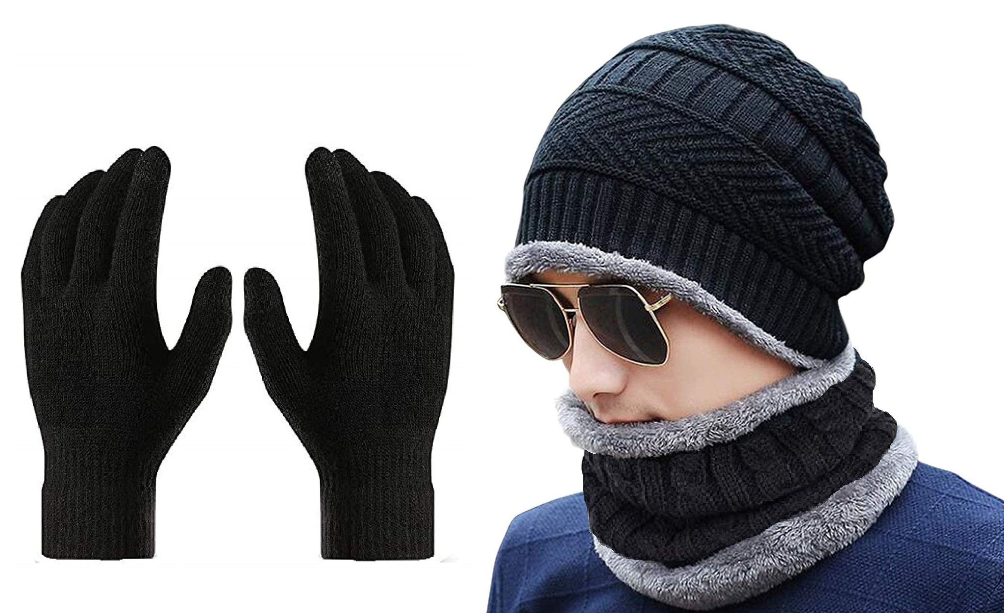 ATABZ Combo Pack Skull Cap, Neck Muffler, Hand Gloves Black Set for Winter