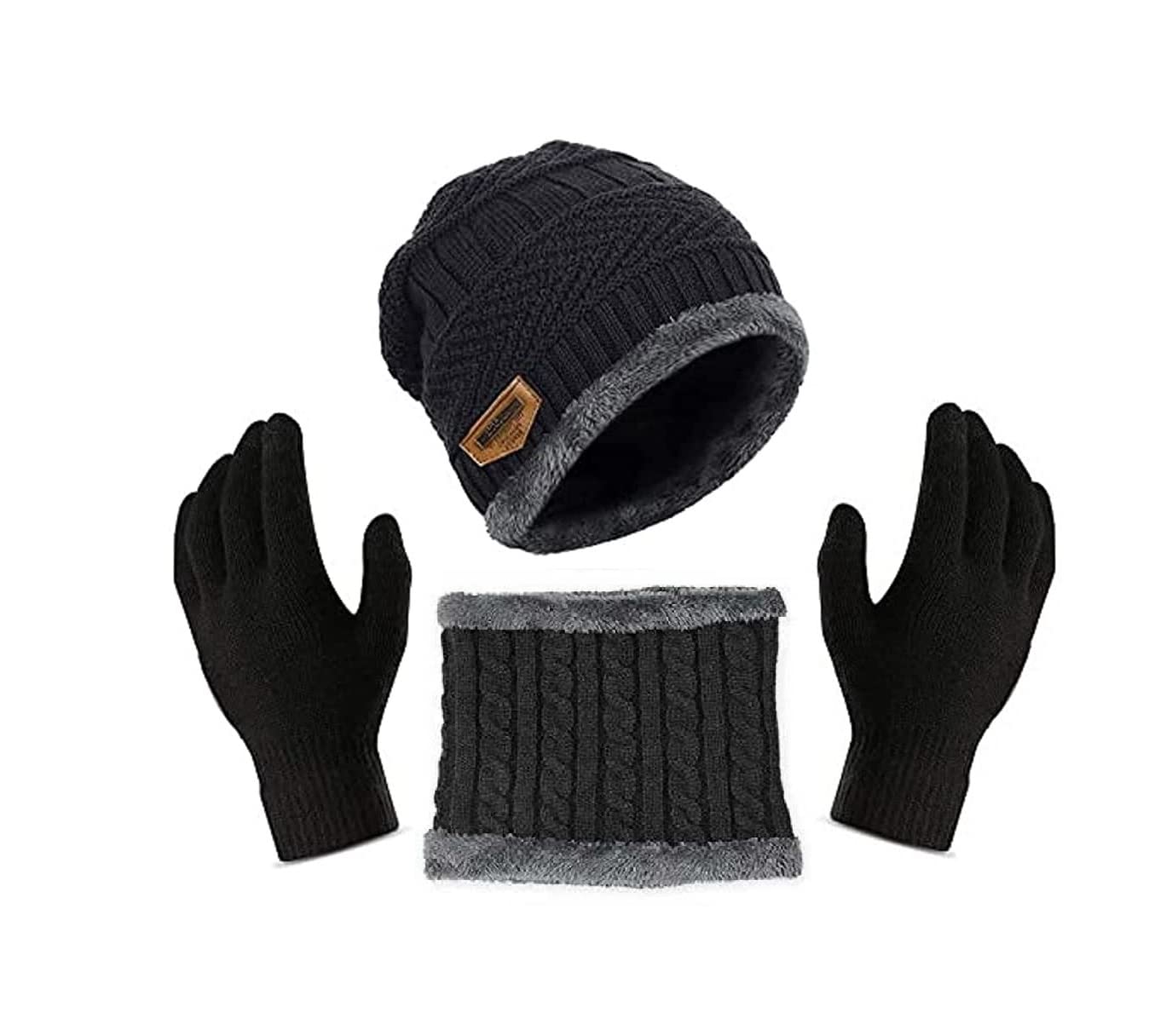 ATABZ Winter Knit Beanie Cap Hat Neck Warmer Scarf and Woolen Gloves Set for Men & Women (3 Piece) Black