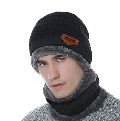 Winter Woolen Knit Fur Lined Beanie Cap Hat Neck Warmer Scarf Skull Cap for Unisex (Men & Women) Winter Cap Free Size | Air Proof Cap with Muffler (Cap + Neck Warmer) (Black)