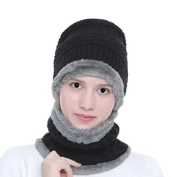 ATABZ Winter Woolen Women Skull caps with Neck Warmer Black