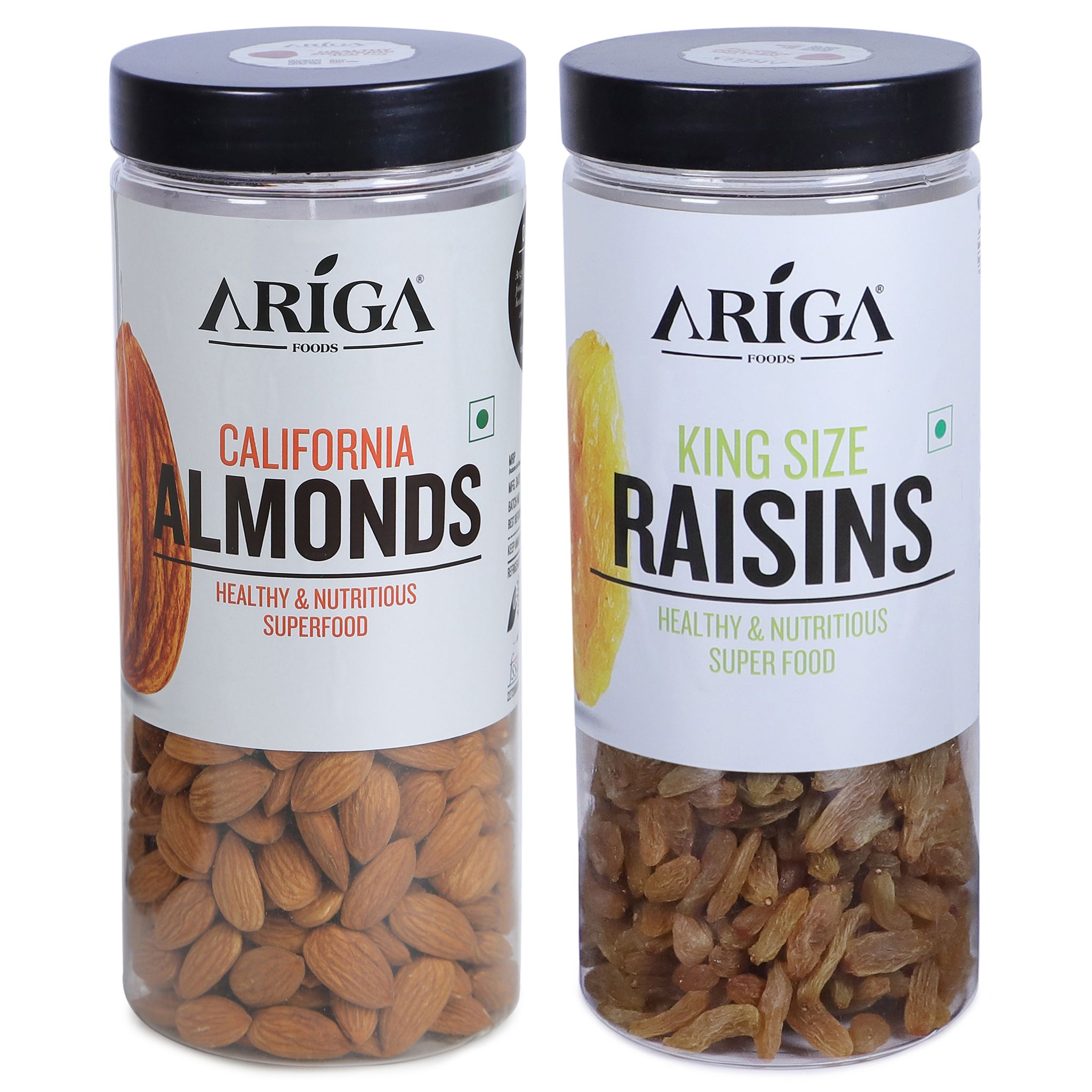 Ariga Foods California Almonds and King Size Raisins | 1kg Dry Fruits Combo (2 x 500 g)