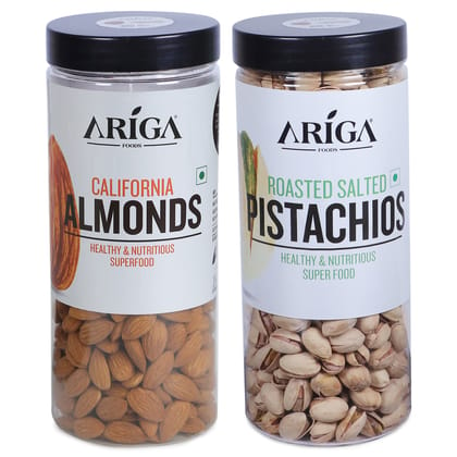 Ariga Foods California Almonds and Roasted Salted Pistachios | Premium Dry Fruits Combo (2 x 500 g)