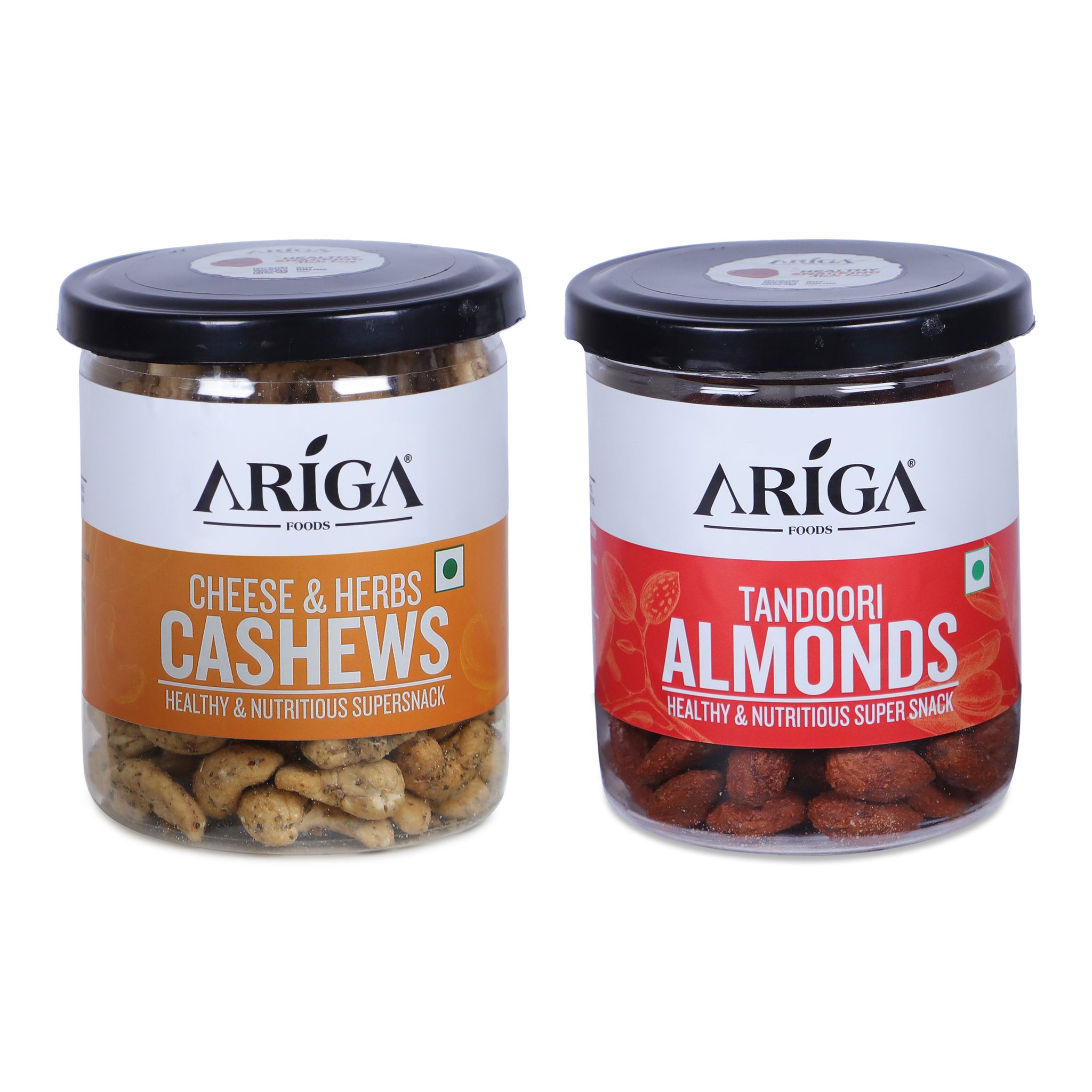 Ariga Foods Tandoori California Almonds and Cheese & Herbs Cashews | Dry Fruits Combo (2 x 200 g)