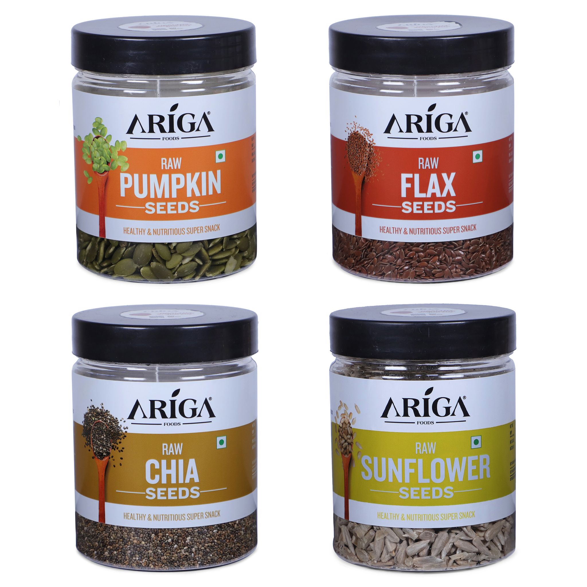 Ariga Foods Pumpkin Seeds, Flax Seeds, Sunflower Seeds 200g each, Chia Seeds 250g | Premium Raw Seeds Combo Pack (850 g)