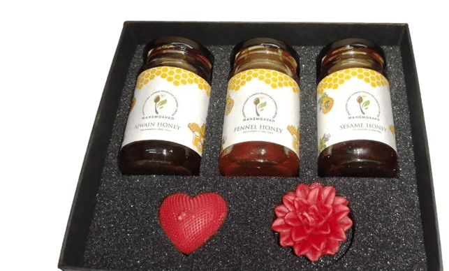 HONEY COMBO GIFT BOX | AJWAIN - SESAME - FENNEL HONEY | BEAUTIFUL CANDLES