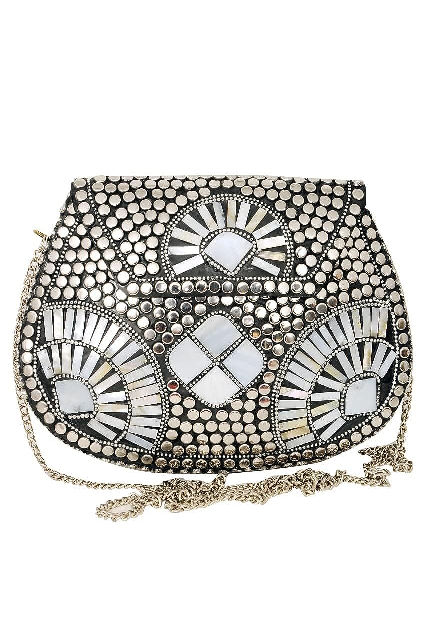 Shakuntala Vintage Mosaic Silver & White Metal Embellished Bridal Clutch Sling Bag for Women