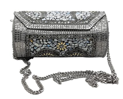 Eye Catching Handmade Cylinder Round Ethnic Silver Metal Bag - Antique Bridal Clutch