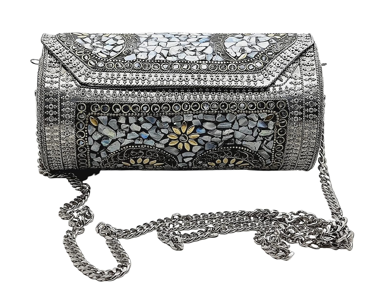 Eye Catching Handmade Cylinder Round Ethnic Silver Metal Bag - Antique Bridal Clutch