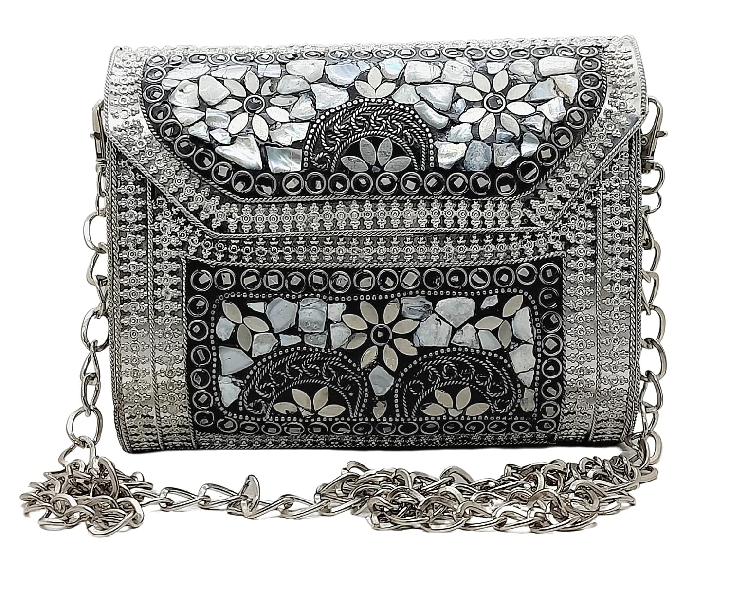 Shakuntala Vintage Mosaic Silver & White Metal Embellished Bridal Clutch Sling Bag for Women