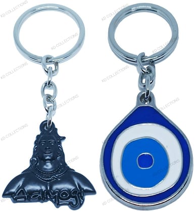 KD COLLECTIONS Evil Eye Feng shui Good Luck Keychain & Lord Shiva Shankar Mahadev Om Namah Shivay Adiyogi Keychain – Black Blue – Pack of 2 Keychains