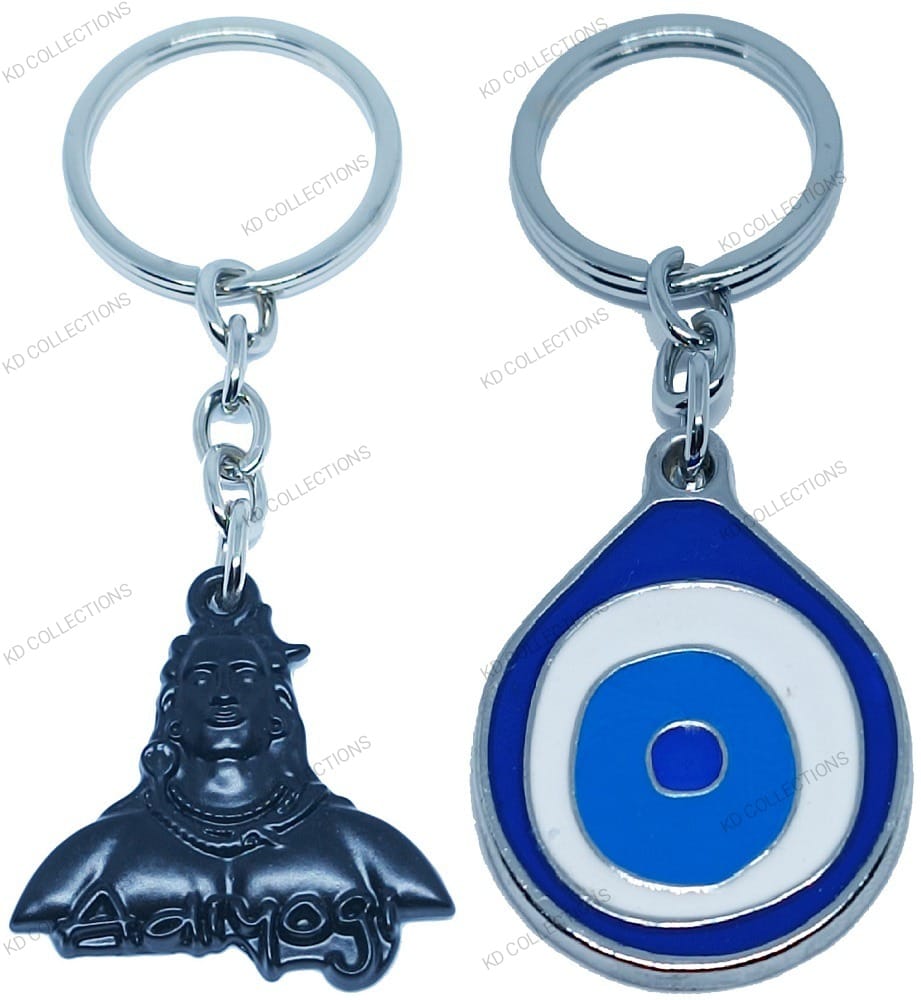 KD COLLECTIONS Evil Eye Feng shui Good Luck Keychain & Lord Shiva Shankar Mahadev Om Namah Shivay Adiyogi Keychain – Black Blue – Pack of 2 Keychains