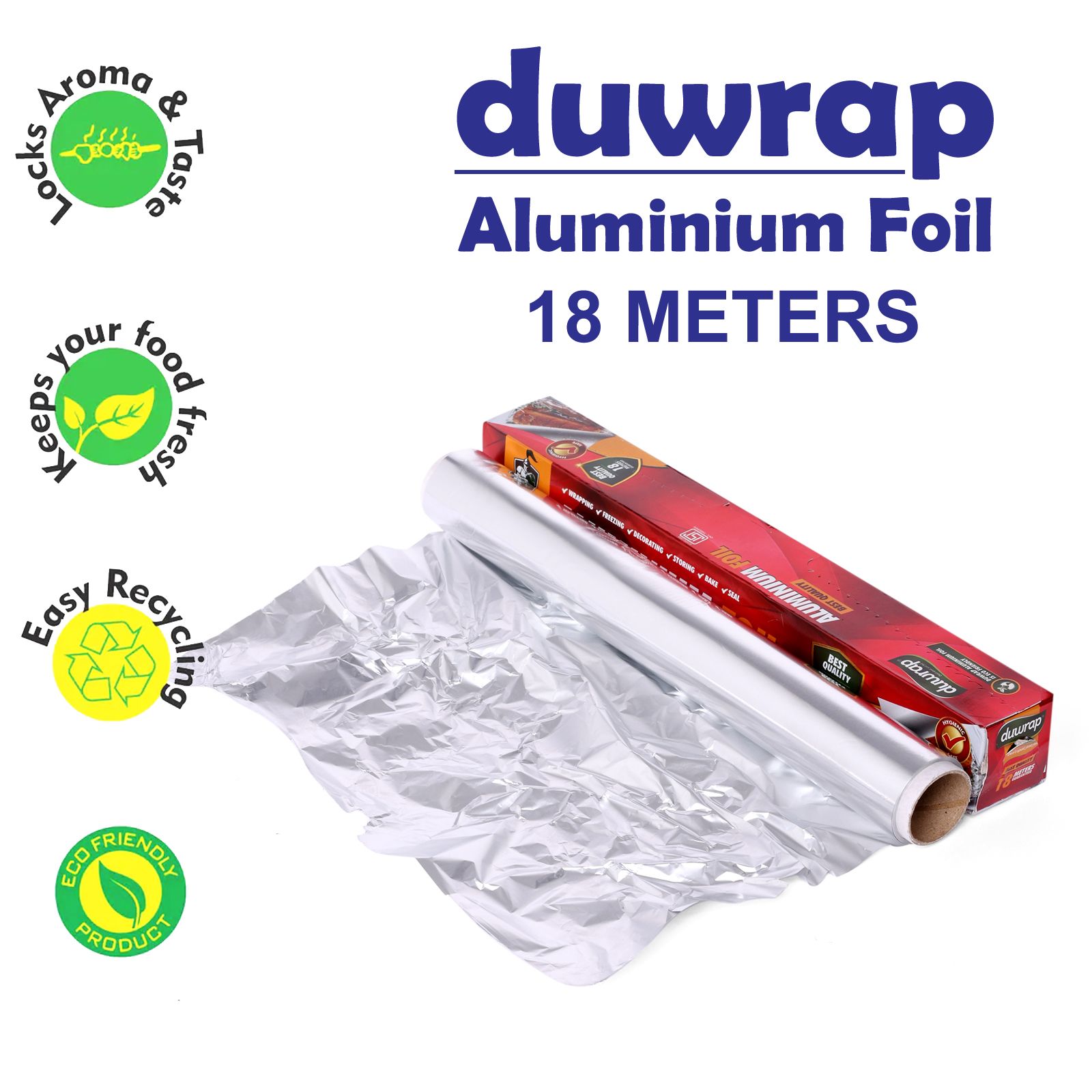 Duwrap Aluminium Foil Roll 18 Meters Long for Cooking, Wrapping, Freezing, Decorating, Storing, Sealing & Baking Foods : 11 Microns Thickness