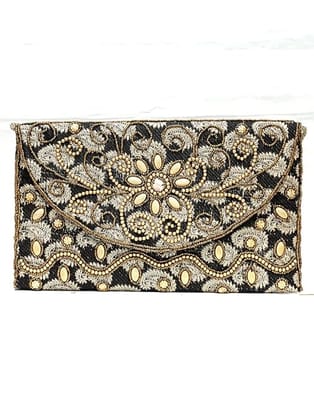 Shakuntala Textiles Womens China Beades Handbags Clutch Purse For Party/Wedding/Casual (Color: Black),Black And Gold