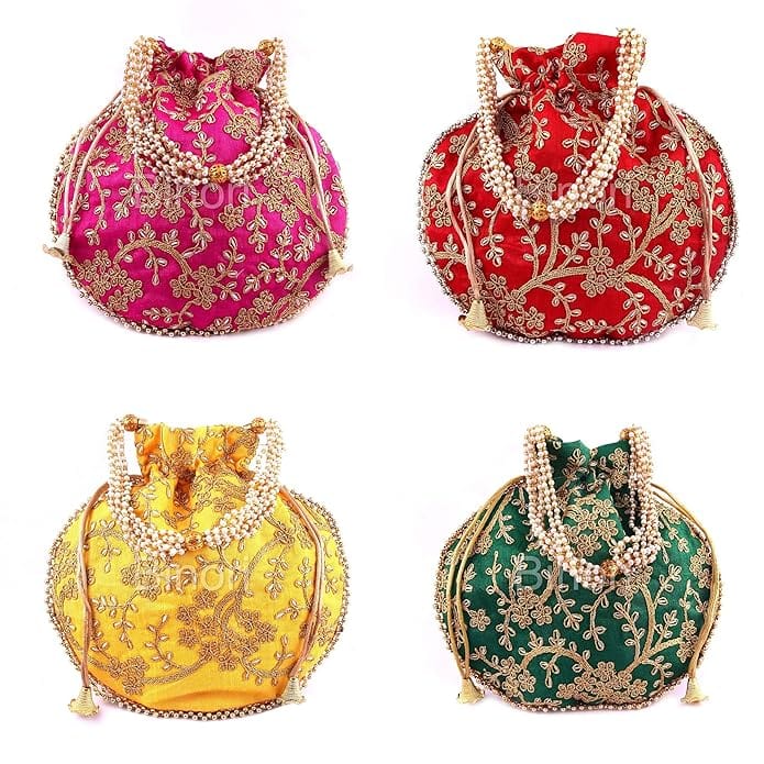 FASHIONS Rajasthani Style Royal Clutch Silk Batwa Bag Combo Khajoor Wristlets Ethnic Potli Combo For Women's Zari Work Potli Combo Bridal Potli Combo (pack of 4)