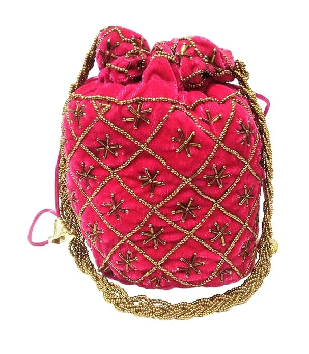 Velvet Potli Bag with Drawstring Closure Having Golden Work with Moti Beaded Handle