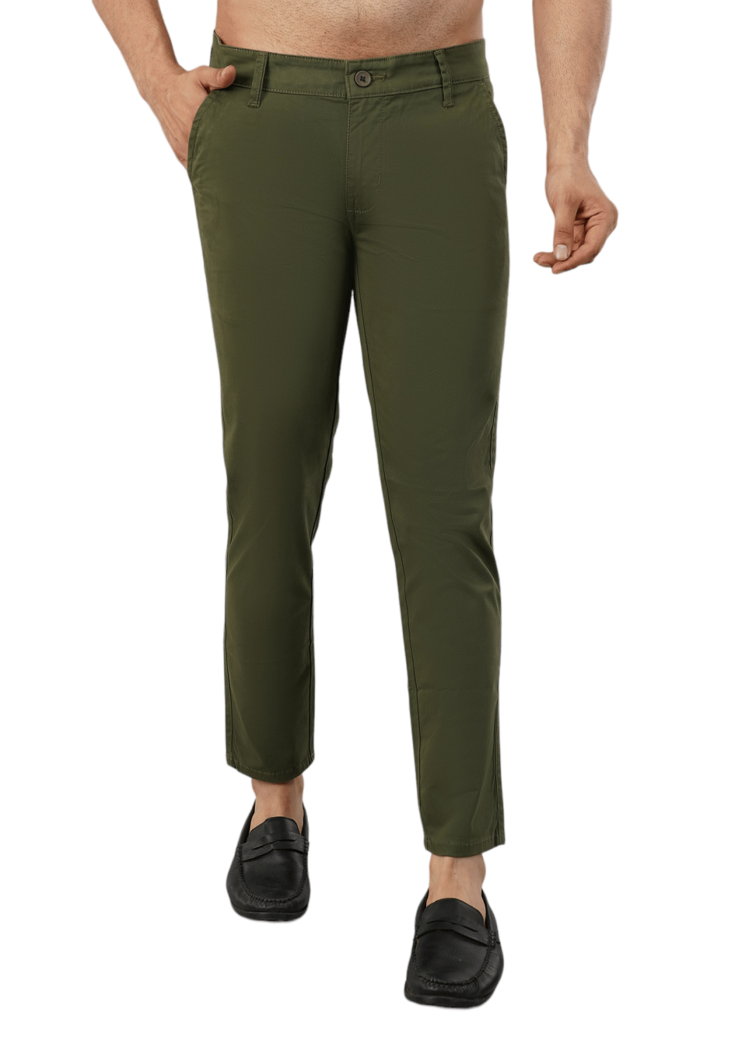 MENS ARMY GREEN CROPPED CHINOS