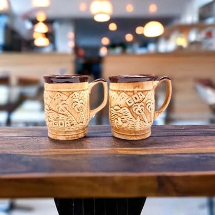 STOREPEDIA Handcrafted Goa Beach Ceramic Coffee Cups Mugs Set of 2 Tea Milk Beer Chai Mug for Daily Office Hotel Multipurpose Travel Gift Use Large Size Texture Brown Color 350 ml