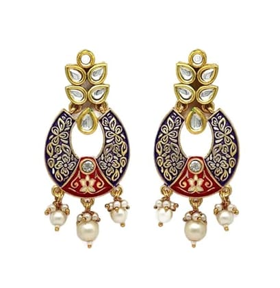 STOREPEDIA Meenakari Gold Plated Kundan Earrings with White Pearl For Women/Girls Chand Bali Earrings Trendy Jewelry for Office Party Function Festival, Stylish Accessories for Women