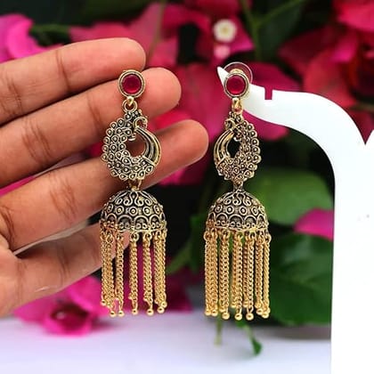 STOREPEDIA Gold Plated Oxidised Alloy Traditional Earrings For Women/Girls, Indian Rani Color Ethnic Peacock Dangle Jhumki/Jhumka Jewellery for Office Party Festival, Stylish Accessories for Women