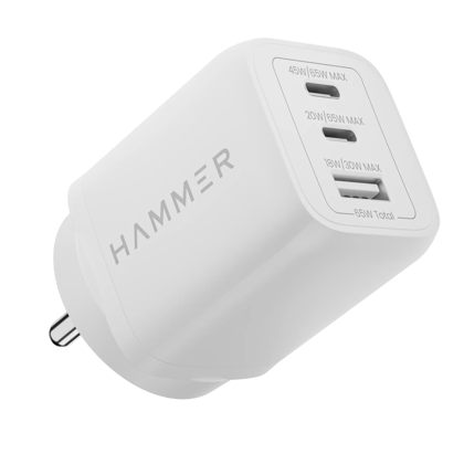 Hammer Gan Charger 65W 2 Type C & 1 USB Port Fast Charger