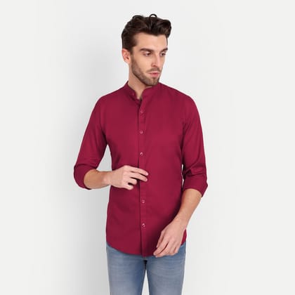 Men Slim Fit Mandarin Collar Maroon Shirt