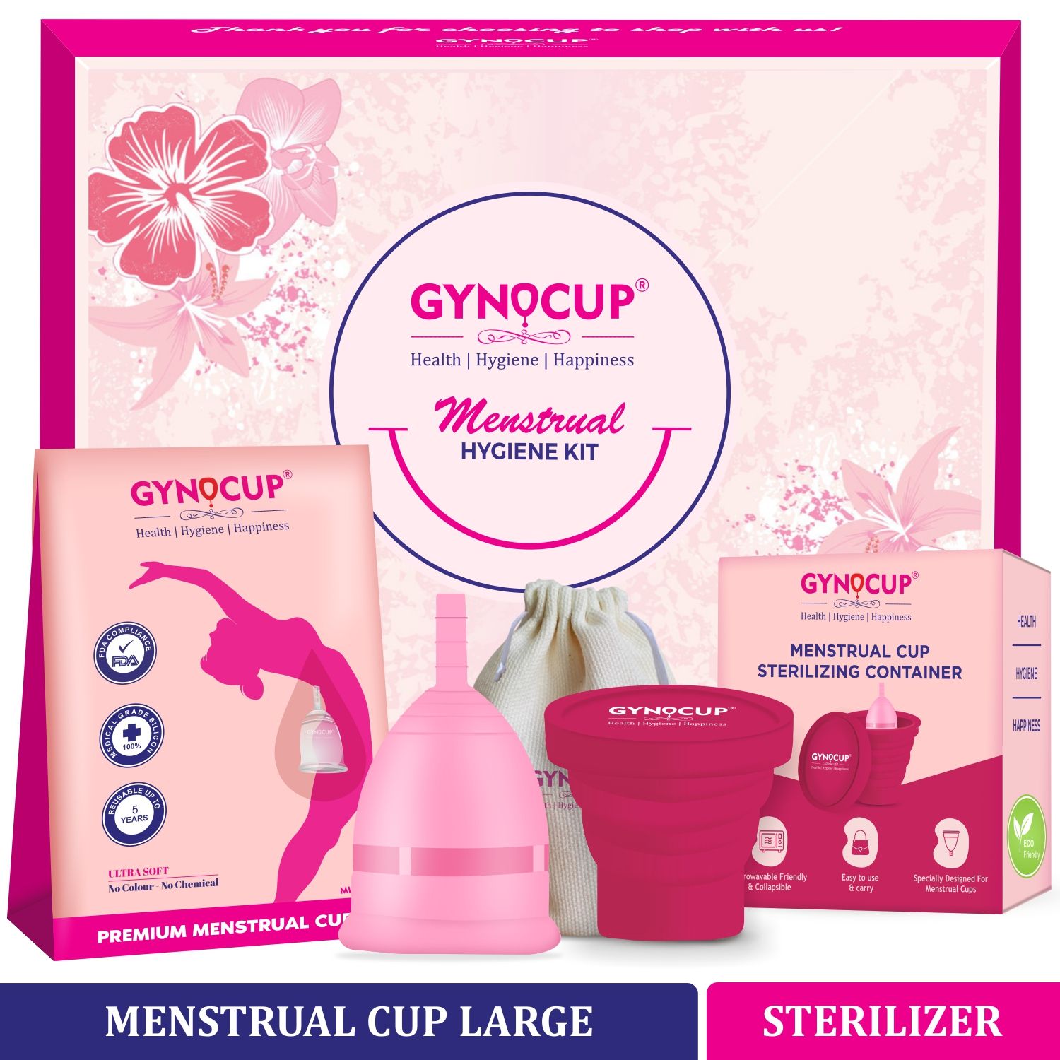 GynoCup Reusable Menstrual Cup for Women | with Pouch, Ultra Soft, Odor and Rash Free, No Leakage, Protection for Up to 10-12 Hours, FDA Approved Menstrual Cup (Pink ) (Large)