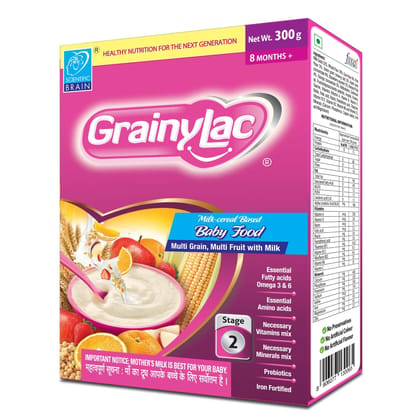 GrainyLac | Multi Grain Multi Fruit with Milk | For Children 8 Months & Above | Easy to Digest | Goodness of Apple, Strawberry, Banana, Orange | (Pack of 2)