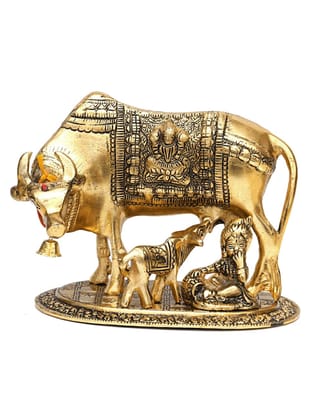 Shakuntala Textiles Kamdhenu Metal Cow with Calf Idol Figures (Standard, Gold)