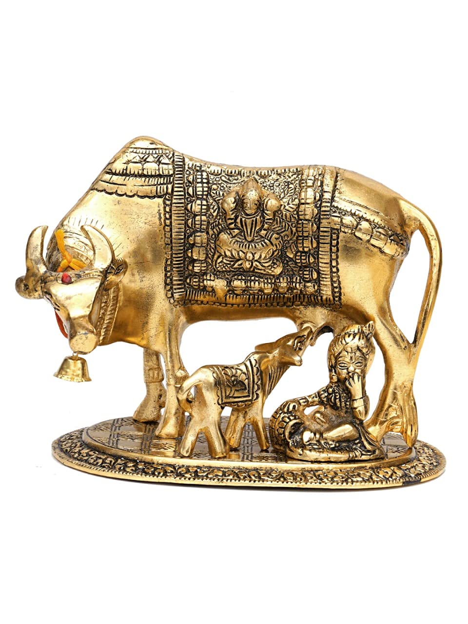 Shakuntala Textiles Kamdhenu Metal Cow with Calf Idol Figures (Standard, Gold)